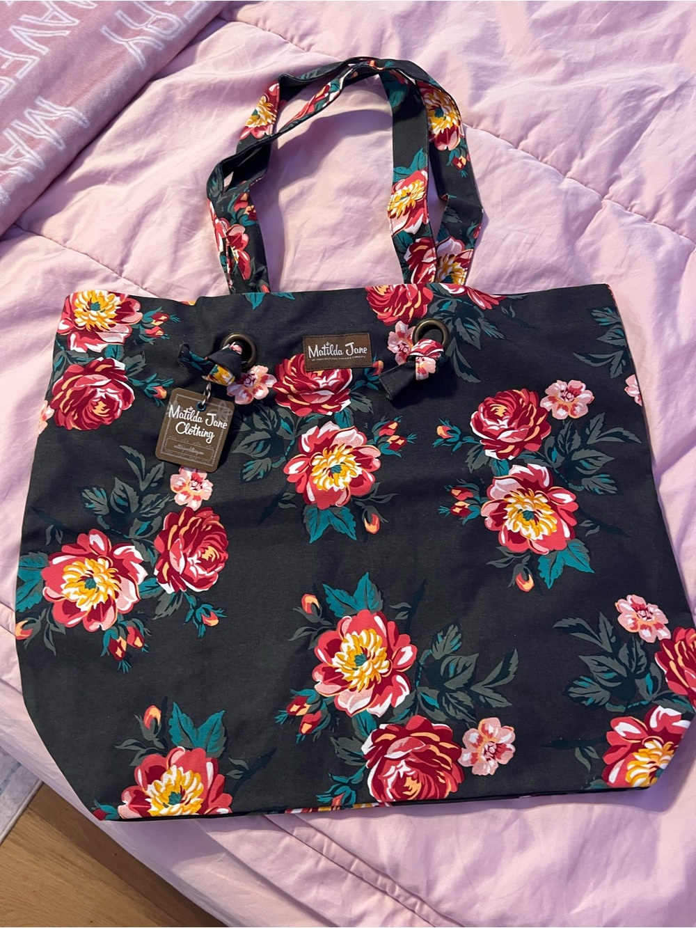 Matilda Jane Black Floral Canvas Tote with Red and Pink Blooms